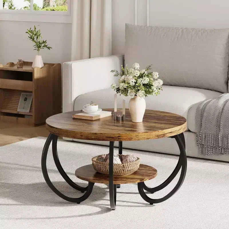 Table basse ronde industrielle de 30 pouces à 2 niveaux avec pieds réglables, étagère effet bois, motif de flammes, montage facile, salon