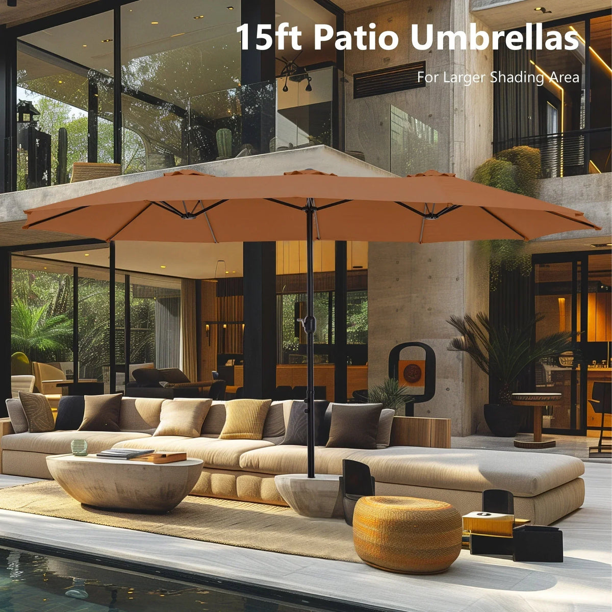 MAISON ARTS dubbele parasol voor terras, 15 ft, extra groot, tweepersoons, inclusief voet