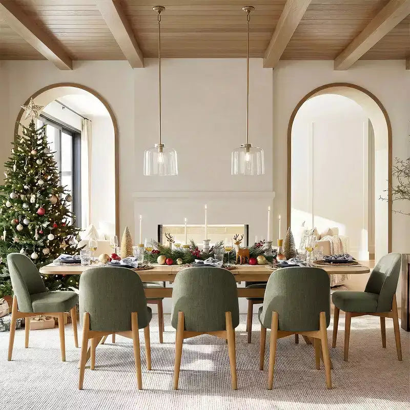 Ensemble de salle à manger 9 pièces pour 8 personnes, table extensible à piètement en tréteau avec chaises rembourrées à pieds en bois massif-Panipeachy