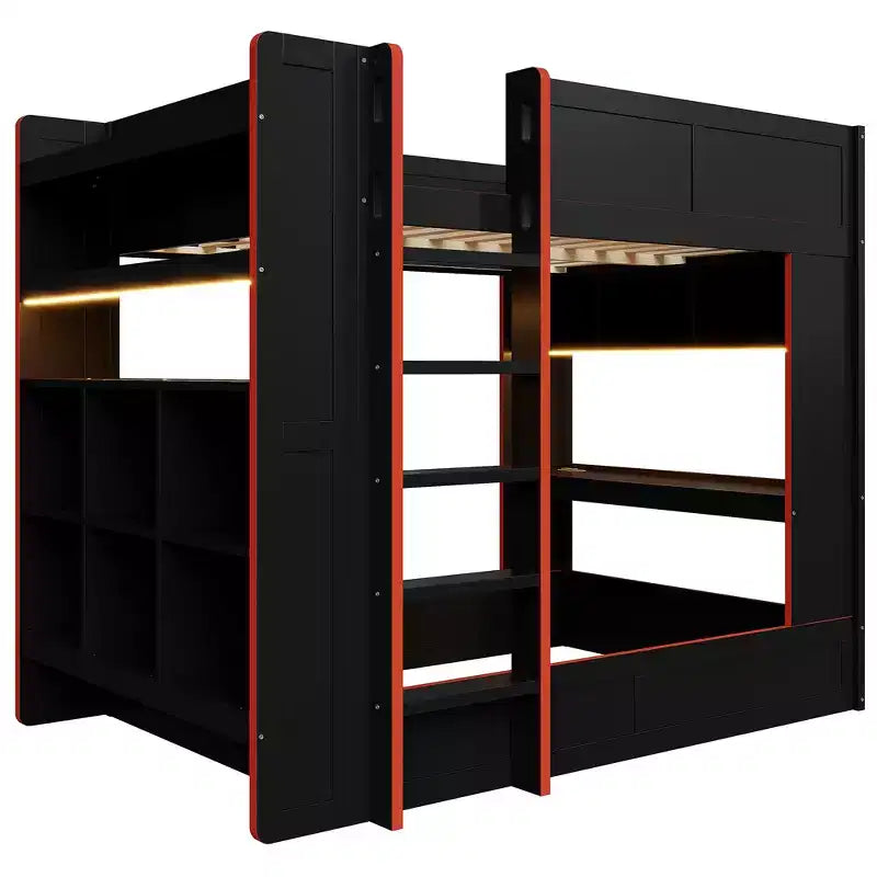 Full Size Wood Gaming Bunk Bed with Built-In Desk, Storage Shelves, 7-Color LED Lights & Charging Station, Black - ModernLuxe