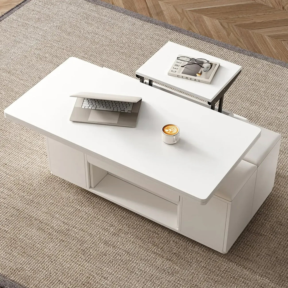 Klappbarer Couchtisch mit Hubfunktion, 4 Hockern und Stauraum