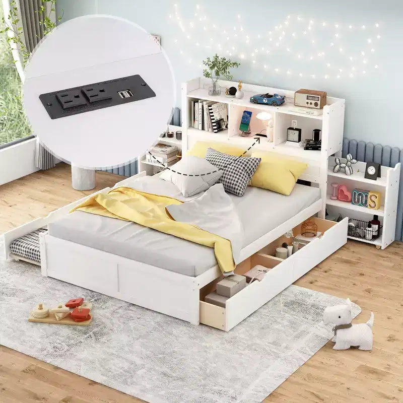 Full Storage Platform Bed with Trundle, Bookcase Headboard and Charging Station, Wooden Full Size Bed Frame with Shelves and Drawers
