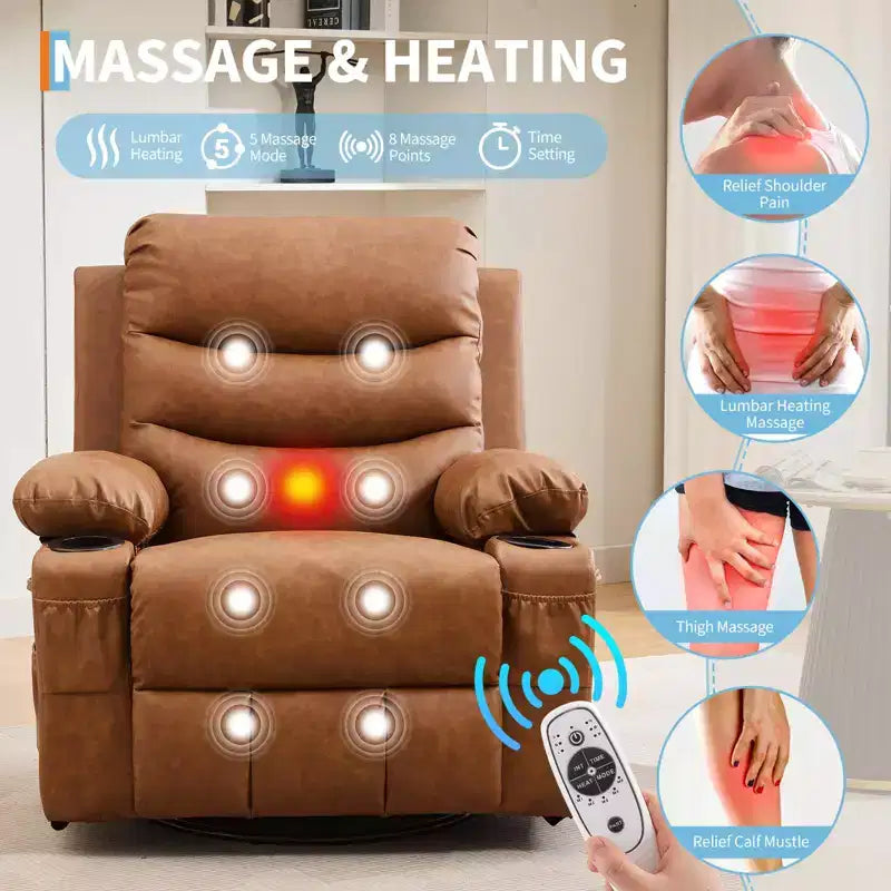 Sillón reclinable mecedor giratorio de 360° extragrande con masaje y calor: silla ergonómica de descanso con portavasos y bolsillos laterales para la sala de estar o el dormitorio infantil