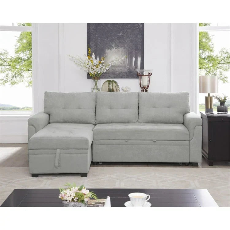 Divano componibile reversibile trasformabile con letto estraibile, chaise longue con contenitore nascosto e gambe resistenti