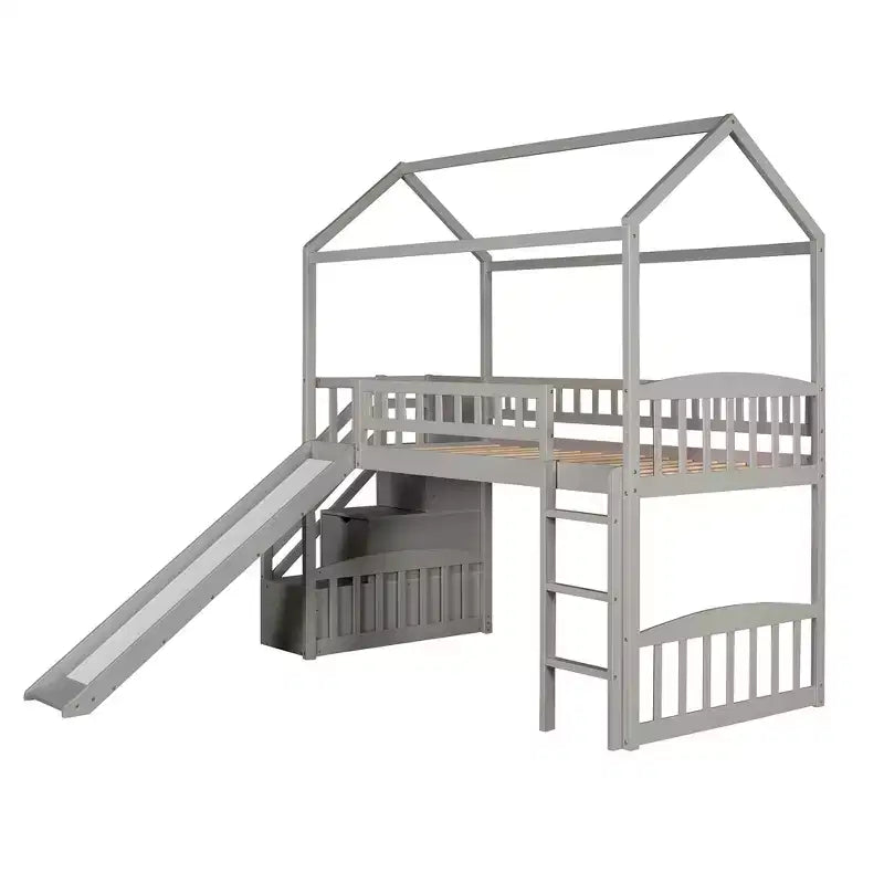 Twin House Loft Bed with Slide and Stairs, Loft Bed with Storage Drawers, Wood Cabin Loft Bed for Kids Toddlers