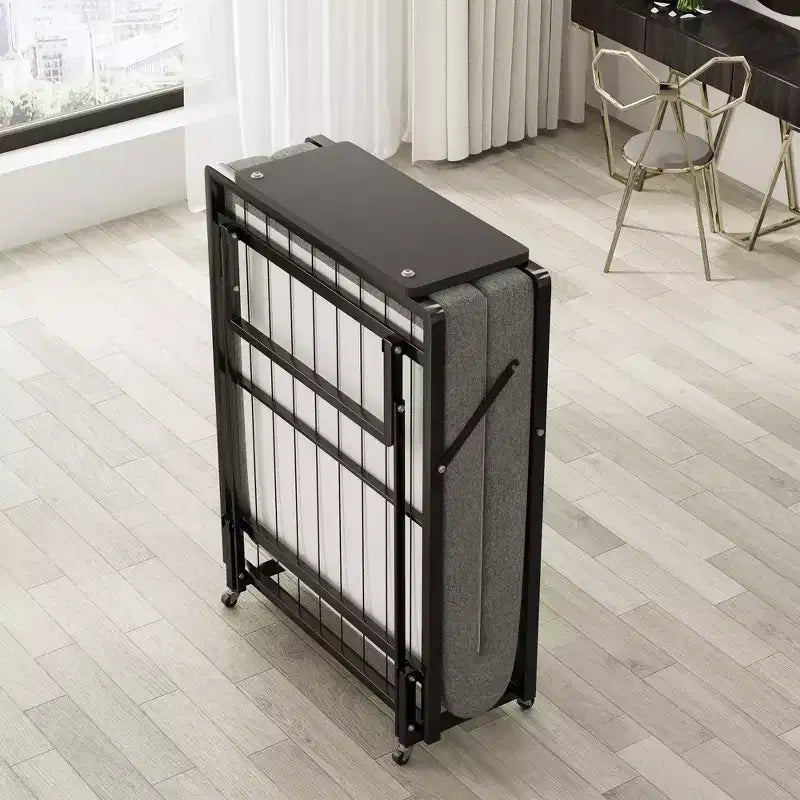 Folding Bed with Mattress, Portable Guest Beds with 4 Wheels, 4 Foam Mattress & Metal Frame, Space Saving Cot Size Rollaway Bed