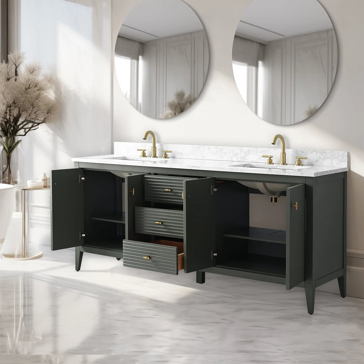 Vanity Art 72 badkamermeubel met dubbele wastafel en blad van composietmarmer