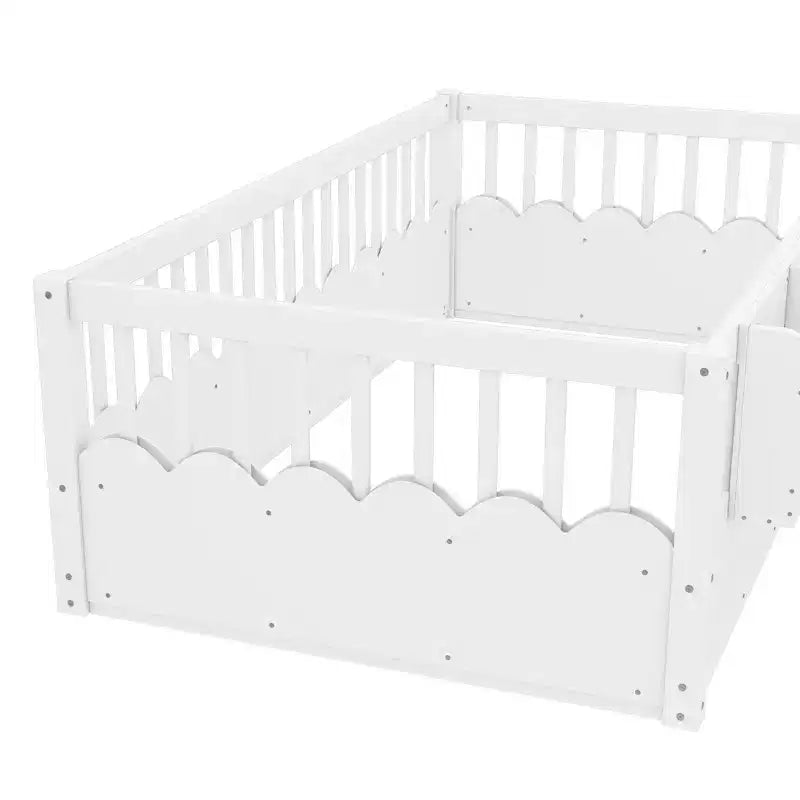 Bellemave Kids Floor Bed with Heightened Fence and Bookshelf, Wooden Twin Montessori Bed Frame for Girls Boys