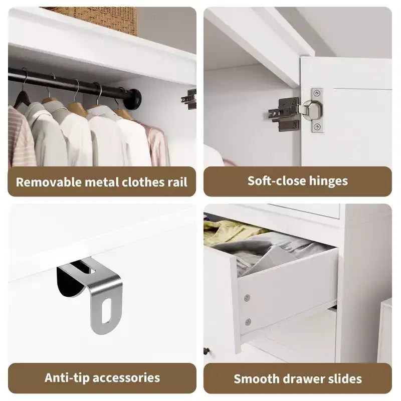 Armoire-penderie COZONY avec 3 tiroirs et 2 portes, meuble de rangement moderne en bois pour chambre, grande armoire blanche sur pied