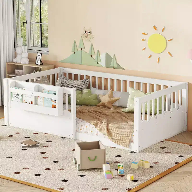 Bellemave Kids Floor Bed with Heightened Fence and Bookshelf, Wooden Twin Montessori Bed Frame for Girls Boys
