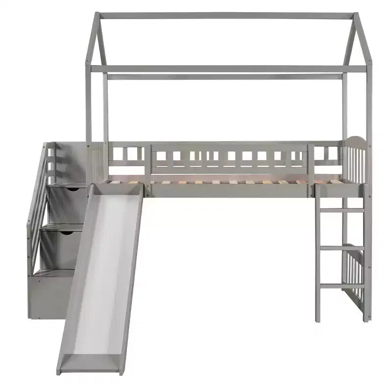 Twin House Loft Bed with Slide and Stairs, Loft Bed with Storage Drawers, Wood Cabin Loft Bed for Kids Toddlers