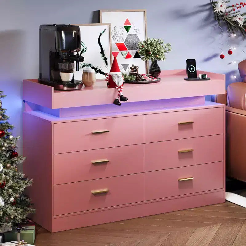 Meuble TV moderne avec 6 tiroirs et éclairage LED, comptoir flottant faisant office de bar à café pour centre de divertissement du salon