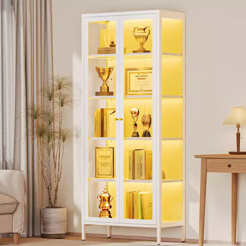 Bekrvio 67 inch hoge vitrinekast met glas aan 3 zijden en ledverlichting, 5 opberglagen met dubbele deuren en metalen frame voor verzamelobjecten, ideaal voor kleine ruimtes