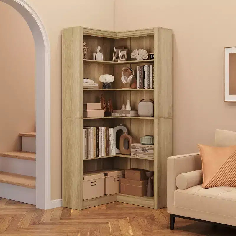 Siyah/Beyaz/Ahşap/Retro, L Şeklinde Köşe Kitaplığı, 5 Katlı, Tekli