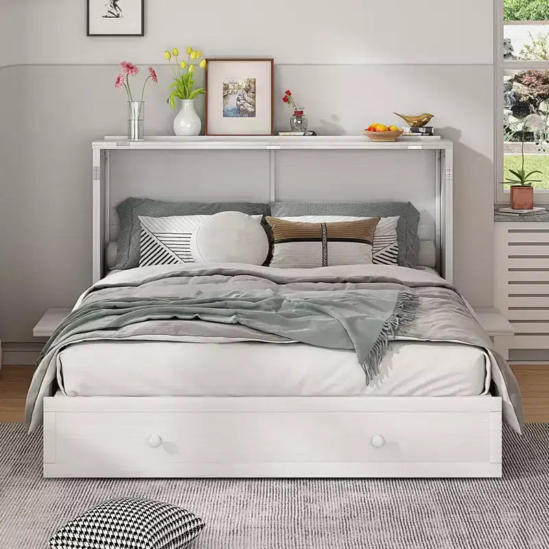 Cama abatible Mjkone tamaño queen, cama tipo armario cúbico con estación de carga y espacio de almacenamiento