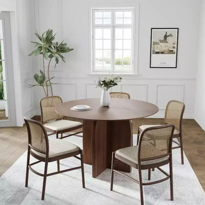 PexFix runder Esstisch aus Massivholz, 45 x 45, mit Walnuss-Finish und eleganten Bogenbeinen für moderne Esszimmer und Küchen