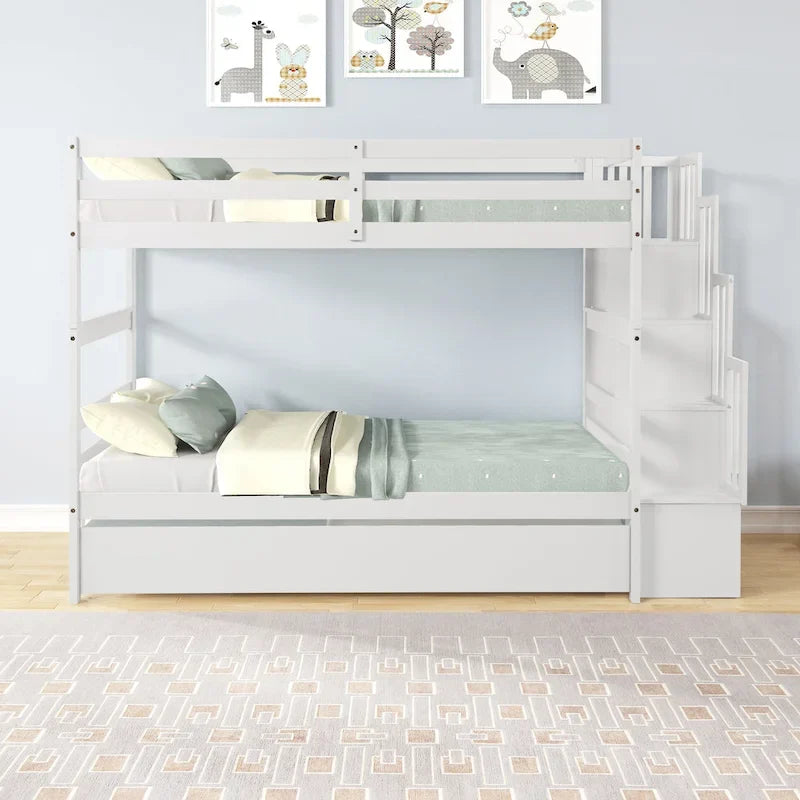 Letto a castello singolo su singolo con letto estraibile singolo e vano portaoggetti integrato nella scala, colore grigio