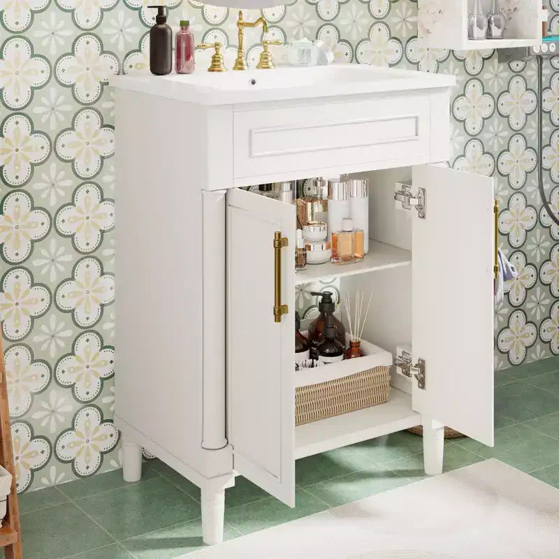 Mobile da bagno da 24 pollici con lavabo in ceramica, mobile in stile Shaker, 2 ante a chiusura ammortizzata, struttura in legno massello per bagno piccolo o bagno di servizio