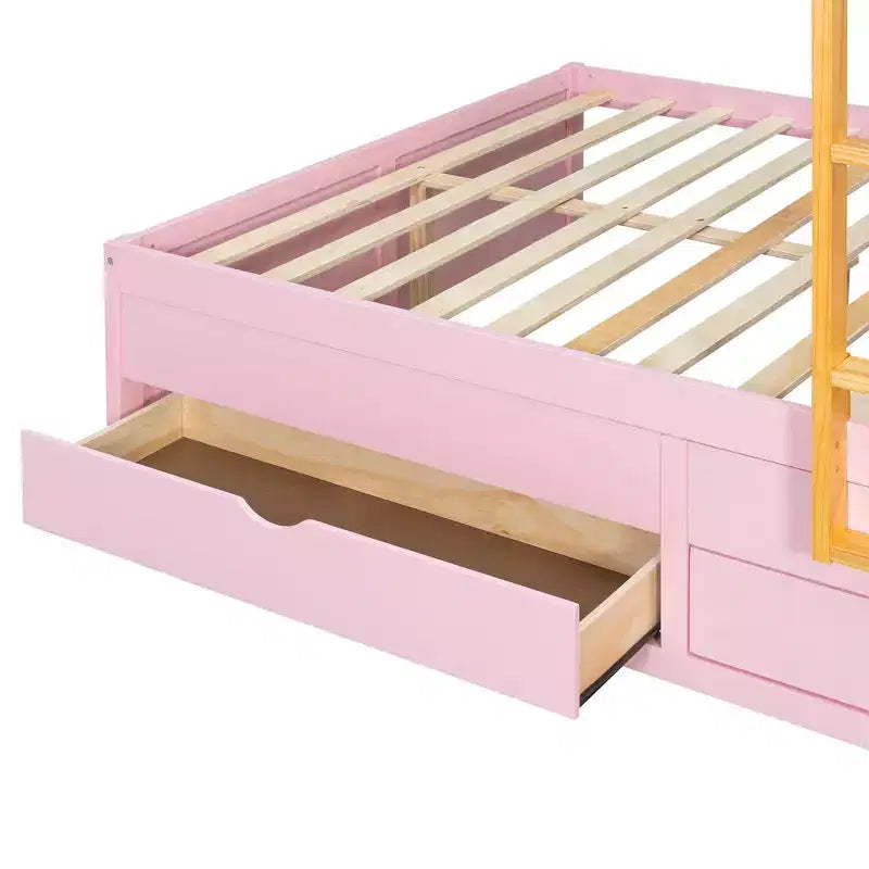 Full over Full Bunk Bed with Storage Wardrobe and Drawers, Full Size Wood Space-Saving Bunk Bed with Guardrail for Apartment, Bedroom