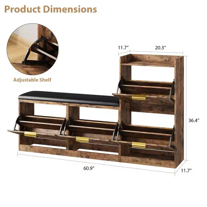 Farmhouse Shoe Cabinet with Bench, 4 Flip Drawers Entryway Shoe Storage Organizer with Comfort Cushioned Seat, Freestanding Shoe Rack Bench
