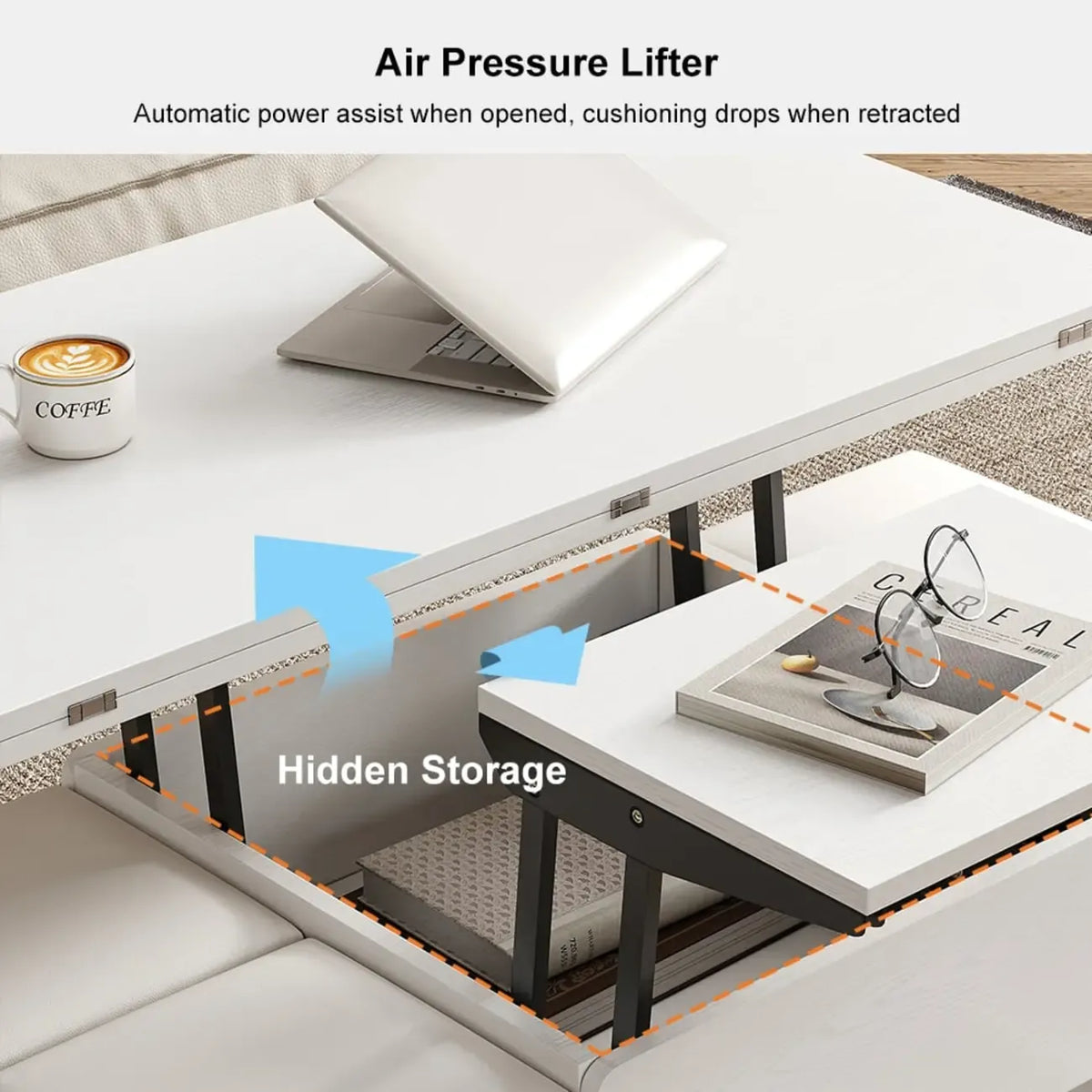 Klappbarer Couchtisch mit Hubfunktion, 4 Hockern und Stauraum
