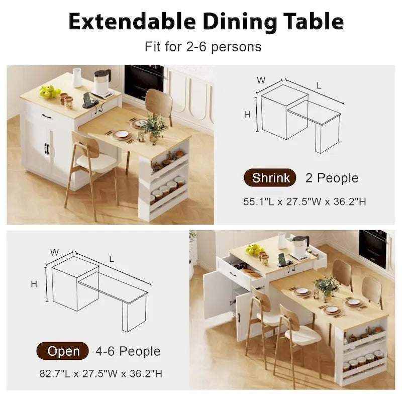82.7 Wooden 4-6 Person Kitchen Island with Extendable Dining Table and Double-sized Storage