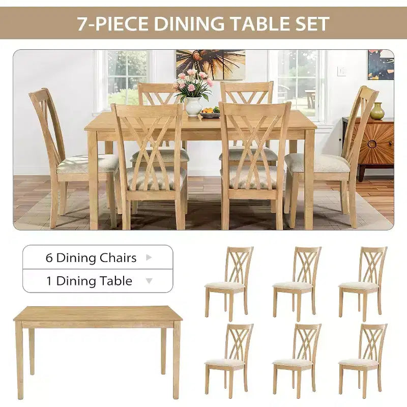 Set da pranzo Zevemomo da 7 pezzi in legno massello con 6 sedie imbottite, set tavolo e sedie salvaspazio per sala da pranzo e cucina, colore legno naturale