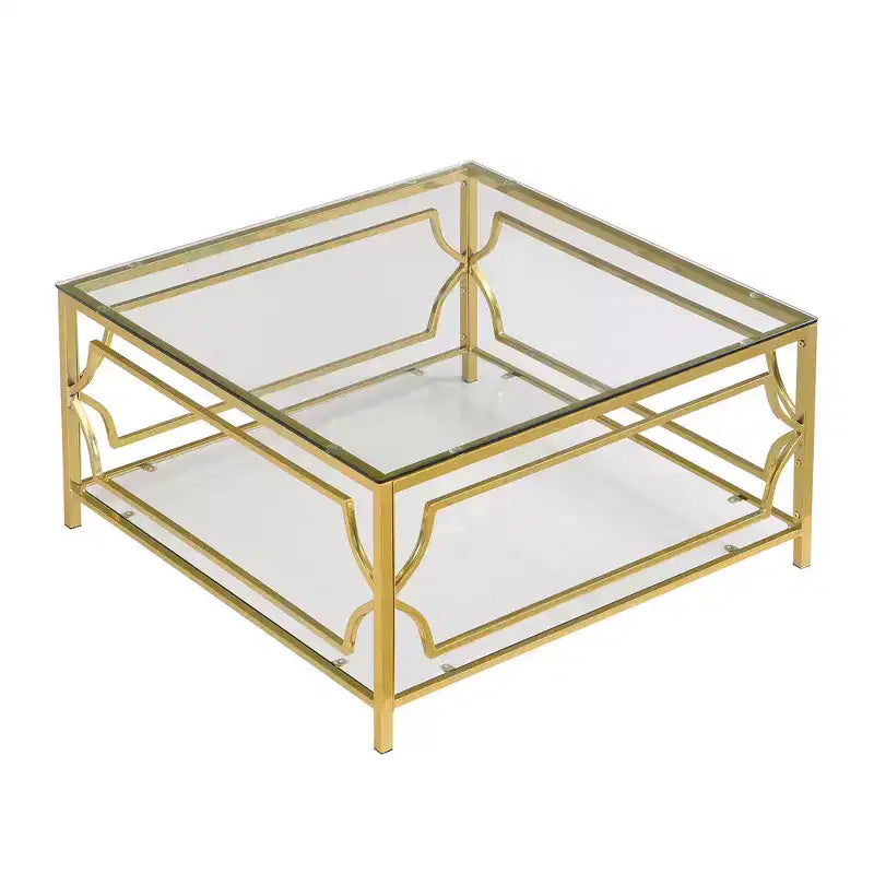 Merax Square Coffee Table with Black or Clear Glass Top and Two-Tier Display Shelf