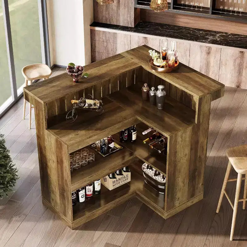 Lantine L-vormige thuisbar, hoekbar met 4 niveaus, dranktafel met opbergplanken en wijnglashouder voor de thuisbar