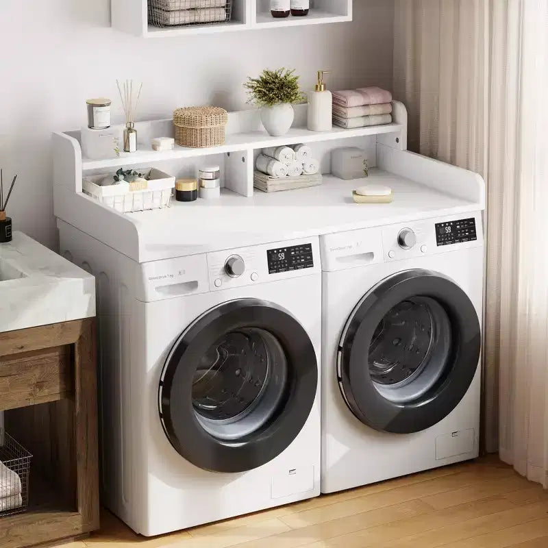 Houten opzetblad voor wasmachine en droger, 54 inch aanrechtblad voor de wasruimte met opbergplank met 2 niveaus, antislip werkoppervlak met opstaande randen voor een georganiseerde wasruimte