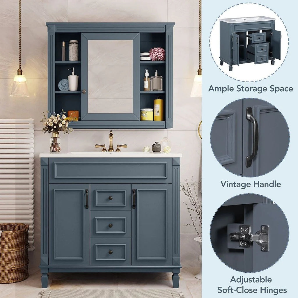 36'' Modern Bathroom Vanity with Top Sink and Mirror Cabinet,2 Doors and 2 Drawers