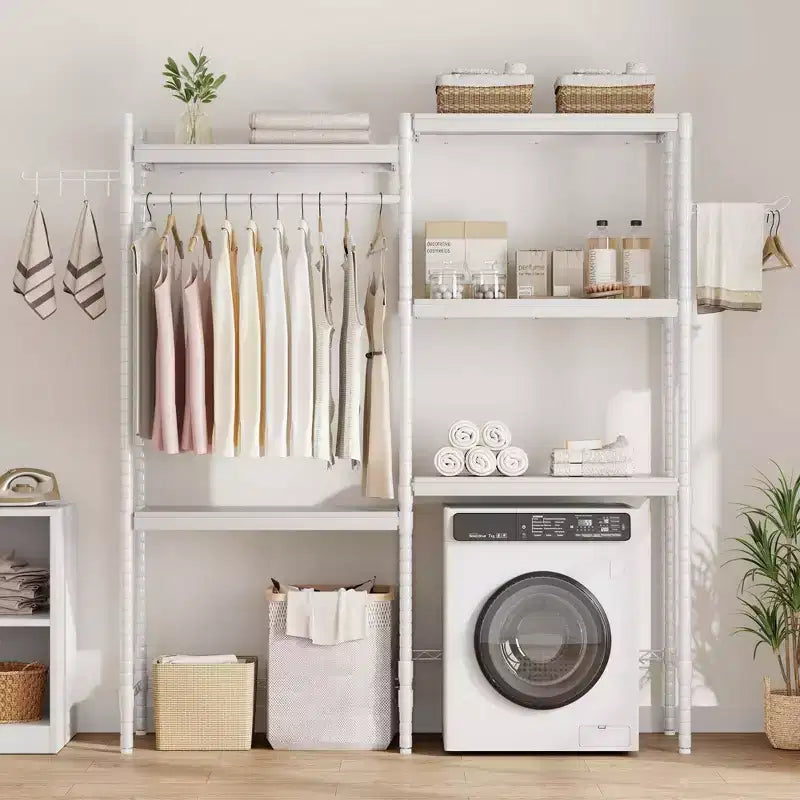 Scaffale sopra lavatrice, scaffale portaoggetti a 5 ripiani per asciugatrice con altezza regolabile, scaffale da bagno salvaspazio per bagno e lavanderia