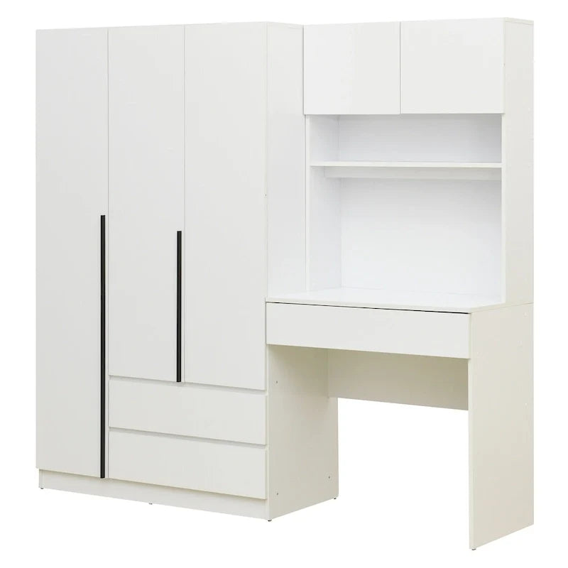 3-in-1 Wardrobe Closet with Vanity Desk, Desk Set, Bedroom Armoire with 2 Drawers 3-Door Storage Desk Wardrobe