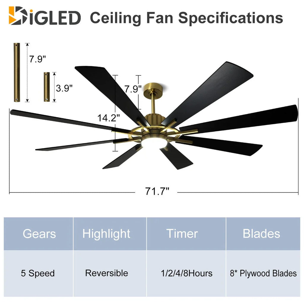 Ventilatore da soffitto con telecomando e luci, grande, con 8 pale in legno