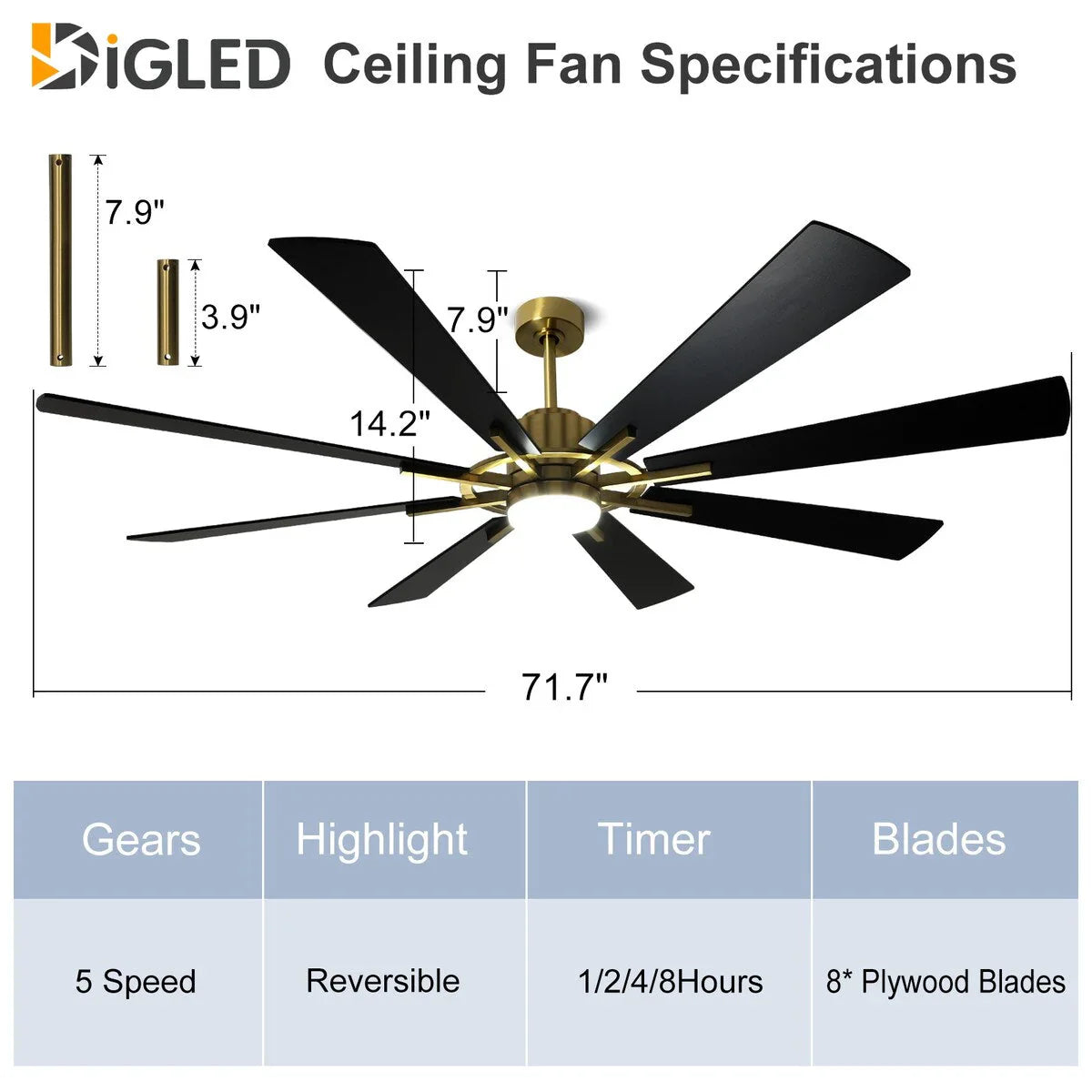 Ventilatore da soffitto con telecomando e luci, grande, con 8 pale in legno