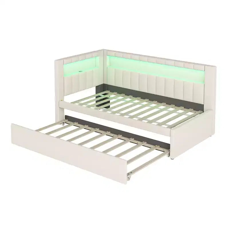 Daybed in Twin-/Full-Größe mit Ausziehbett und L-förmigem Bücherregal-Kopfteil, weiches Eckbett mit Leinenpolsterung, Ablagefächern und LED-Band