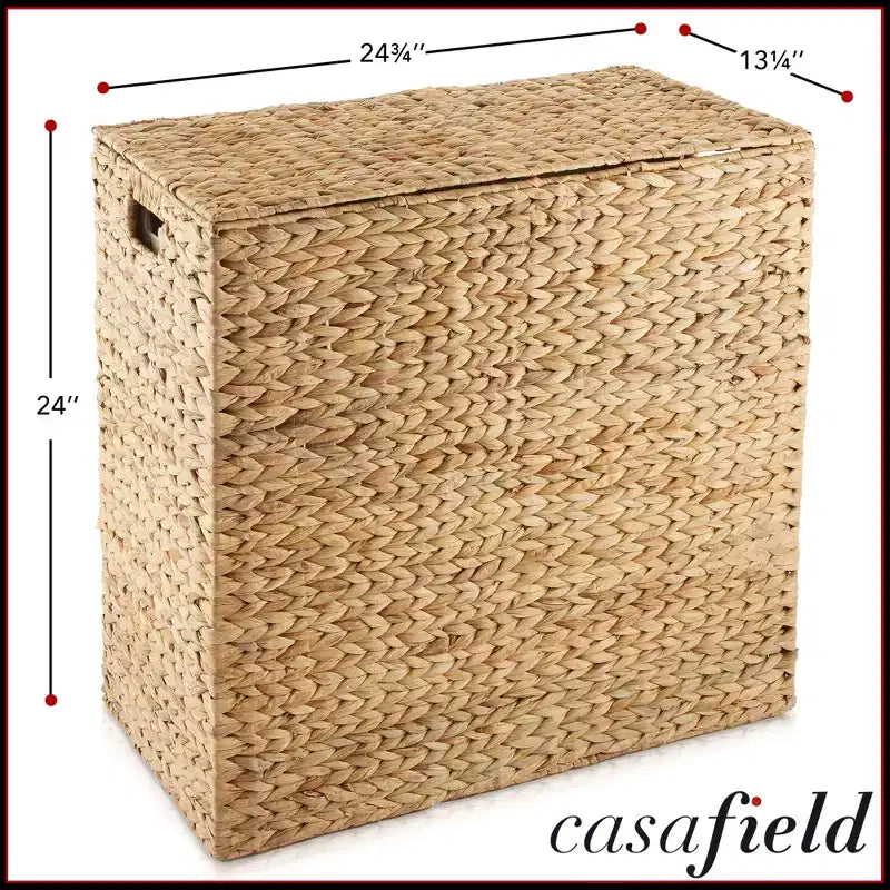 Casafield 2-Section Laundry Hamper with Lid and Removable Liner Bags, Woven Water Hyacinth Laundry Basket Sorter for Clothes