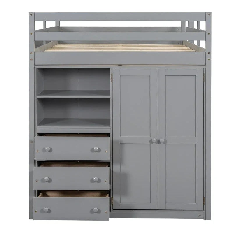 Full Size Wood Loft Bed with Built-in Wardrobe, Desk, Storage Shelves and Drawers