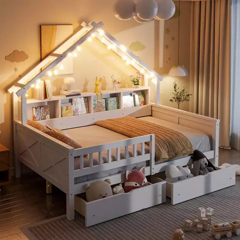 Hausbettgestell in voller Größe mit Schubladen, Haus-Plattformbett mit LED-Beleuchtung, Aufbewahrungsregalen und Schubladen, Tagesbett aus Holz mit Dach und Rausfallschutz
