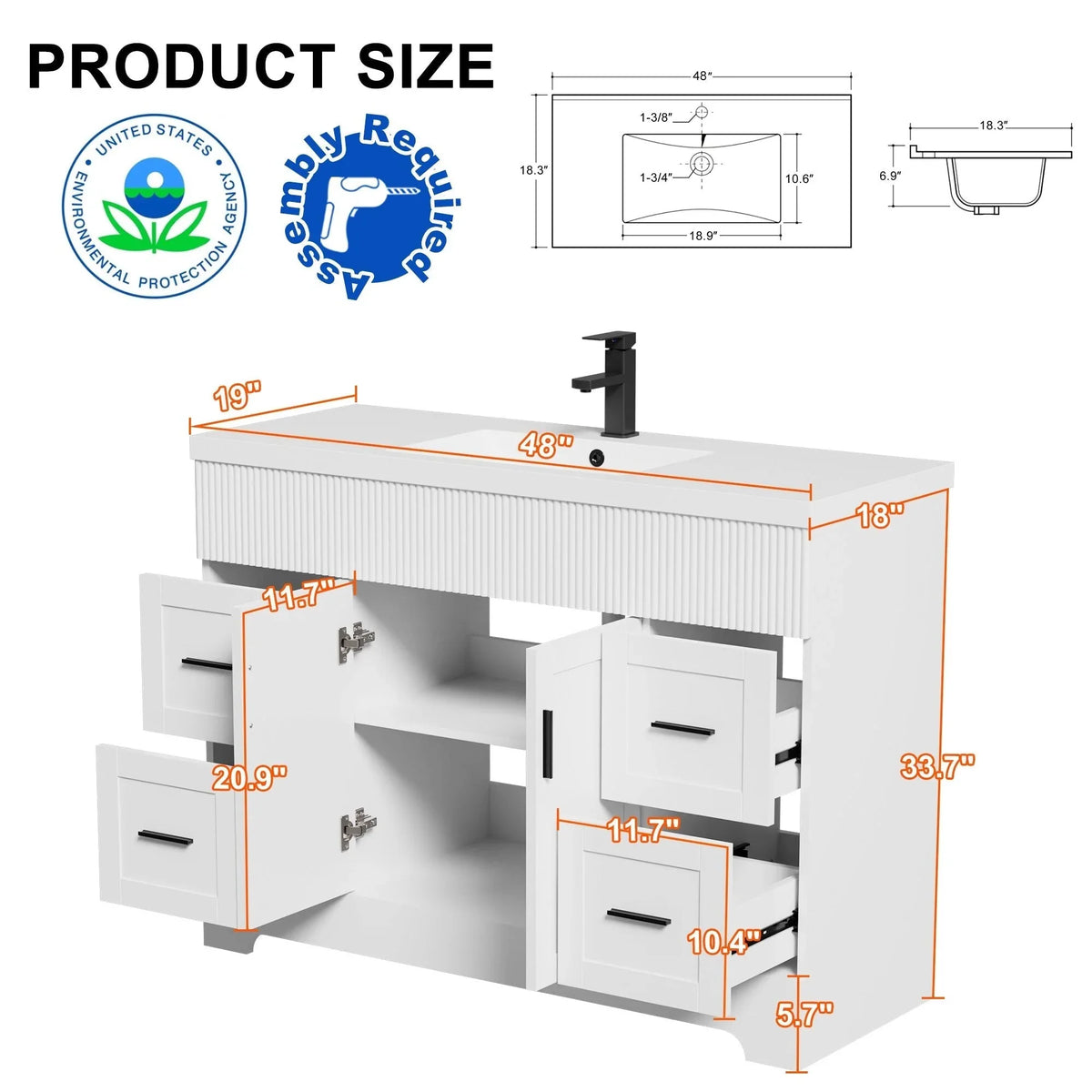 Wavy Line badkamermeubelset van 30/36/48 inch met wastafel en kraan