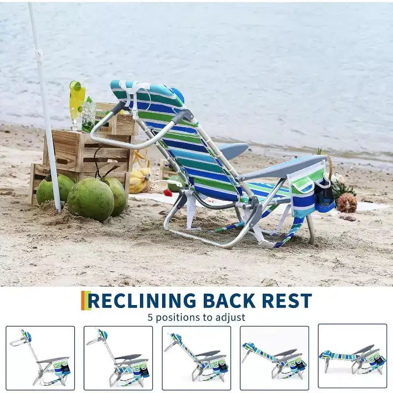 Acekool 2 Pack Lightweight Backpack Beach Chair, 5 Position Foldable Lay Flat Chair for Adults with Straps, Cup Holder & Towel Bar, Supports 300 lbs