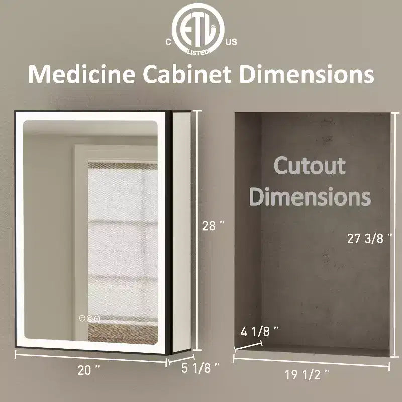 Bathroom Medicine Cabinet with LED Mirror, Surface or Recessed Mount, Dimmable Light, Anti-Fog, Adjustable Shelving
