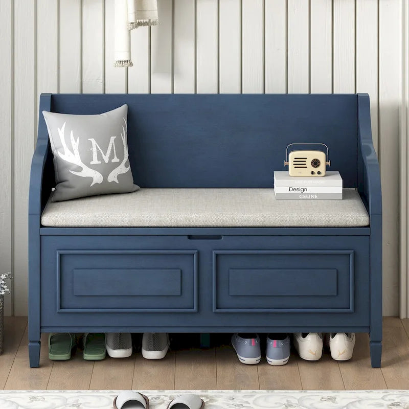 Rustic Solid Wood Entryway Storage Bench with Safety Hinge