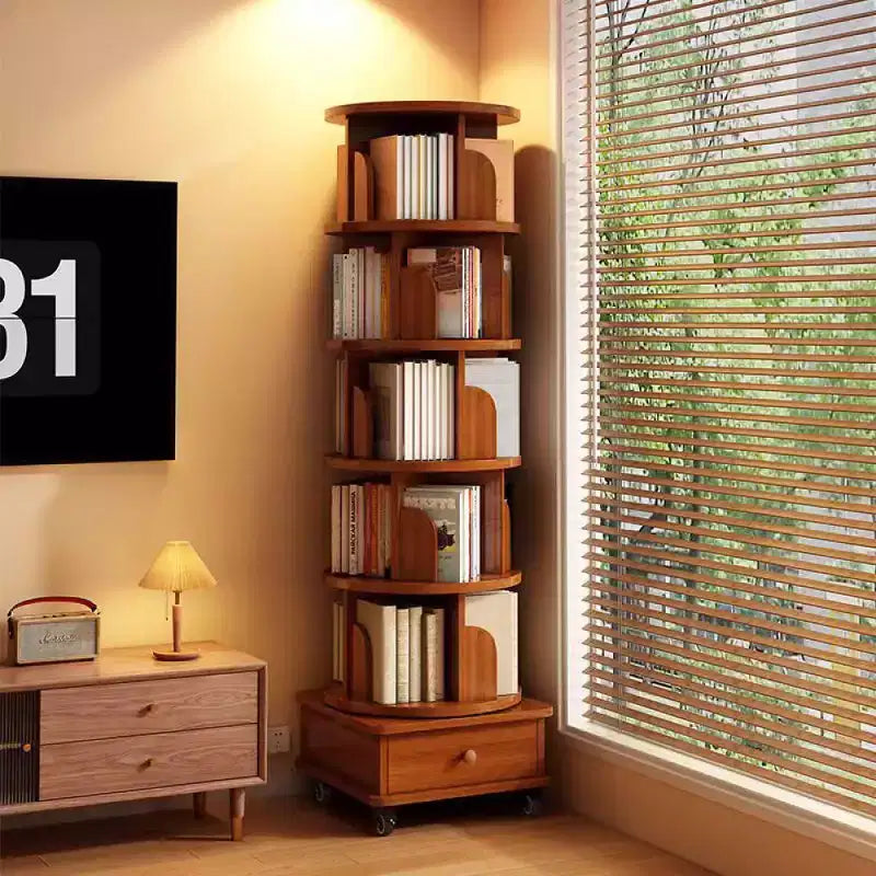 Libreria angolare Chic Crate a 6 ripiani con rotazione a 360° e ruote, libreria stretta per piccoli spazi, marrone noce