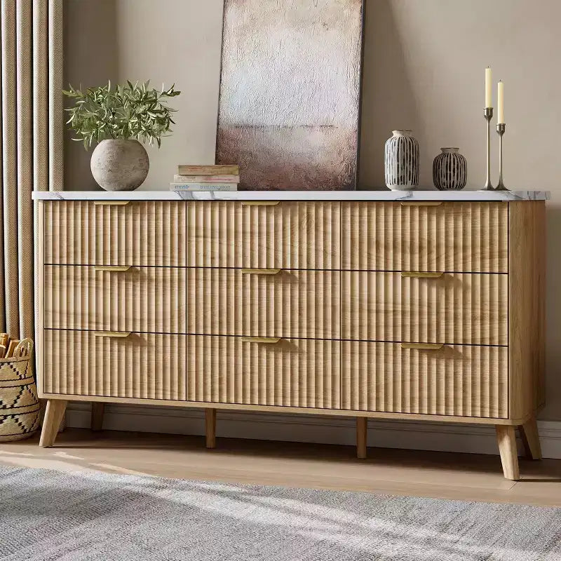 9 Drawers Fluted Dresser, Modern Chest, Wooden Dresser TV Stand, Curved Profile Design, for Living Room, Hallway