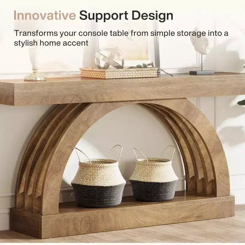 Mesa de entrada Lantine de 63 pulgadas, mesa de sofá de 2 niveles detrás del sofá, consola estrecha de estilo rústico con arco único para pasillo, sala de estar, recibidor, natural