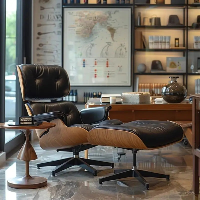 Fauteuil d’appoint et pouf Furgle en cuir véritable, bois de noyer