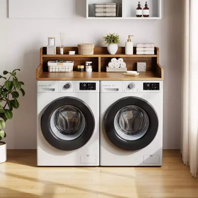 Houten opzetblad voor wasmachine en droger, 54 inch aanrechtblad voor de wasruimte met opbergplank met 2 niveaus, antislip werkoppervlak met opstaande randen voor een georganiseerde wasruimte
