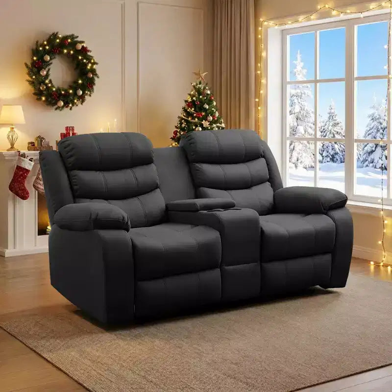 Beige/Gray Tech Fabric Reclining Loveseat Sofa, 2-Seat, Adjustable Backrest & Footrest
