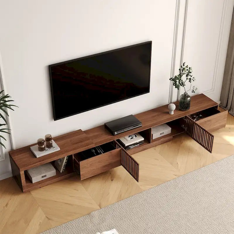 Meuble TV moderne rétractable et extensible avec 4 tiroirs, jusqu’à 103 pouces – 78.54P x 15.74L x 13.78H
